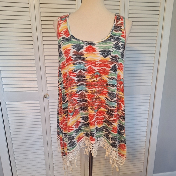 new directions Tops - New Directions Multicolor Tank Top with Crochet Fringe Sharkbite Hem LG *D1